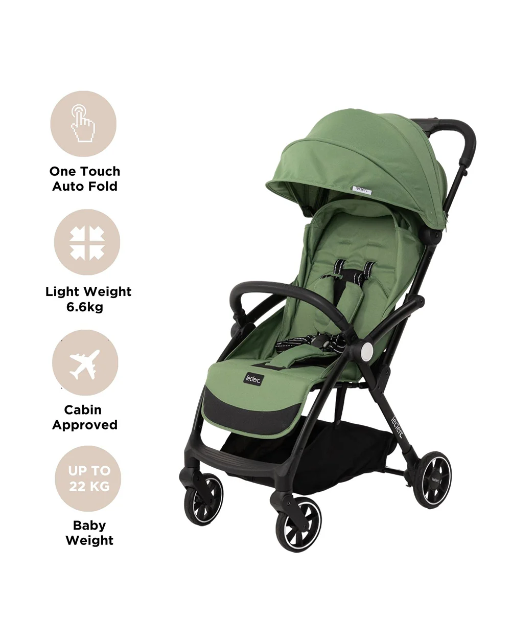 Leclerc Magic Fold Plus Cabin Friendly Stroller-Flat Reclining Seat-One Touch Fold-2 Year Warranty-for 6M to 5Y (Upto 22Kg)-Green - Image 7