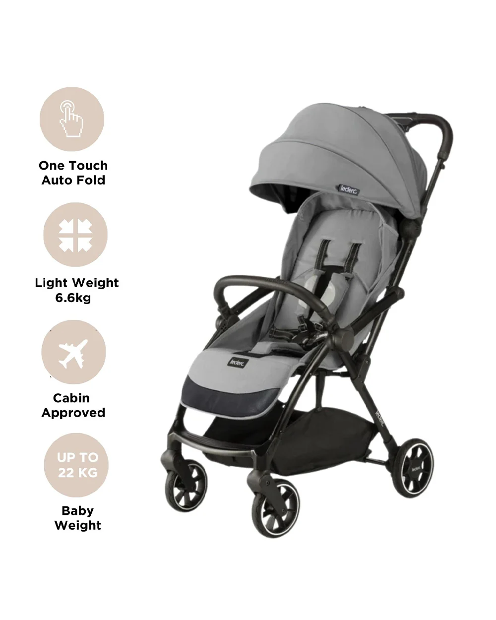 Leclerc Magic Fold Plus Cabin Friendly Stroller-Flat Reclining Seat-One Touch Fold-2 Year Warranty-for 6M to 5Y (Upto 22Kg)-Grey - Image 6