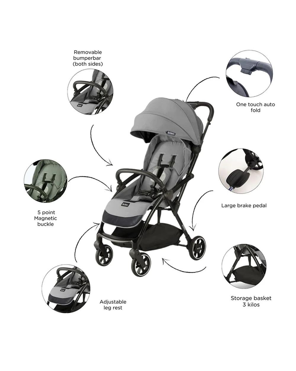 Leclerc Magic Fold Plus Cabin Friendly Stroller-Flat Reclining Seat-One Touch Fold-2 Year Warranty-for 6M to 5Y (Upto 22Kg)-Grey - Image 9