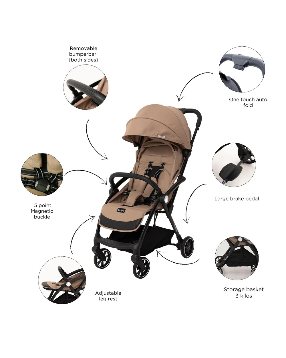 Leclerc Magic Fold Plus Cabin Friendly Stroller-Flat Reclining Seat-One Touch Fold-2 Year Warranty-for 6M to 5Y (Upto 22Kg)-Sand - Image 8