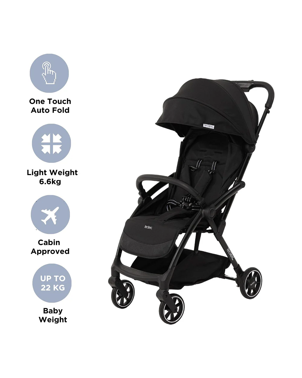 Leclerc Magic Fold Plus Cabin Friendly Stroller-Flat Reclining Seat-One Touch Fold-2 Year Warranty-for 6M to 5Y (Upto 22Kg)-Black - Image 6