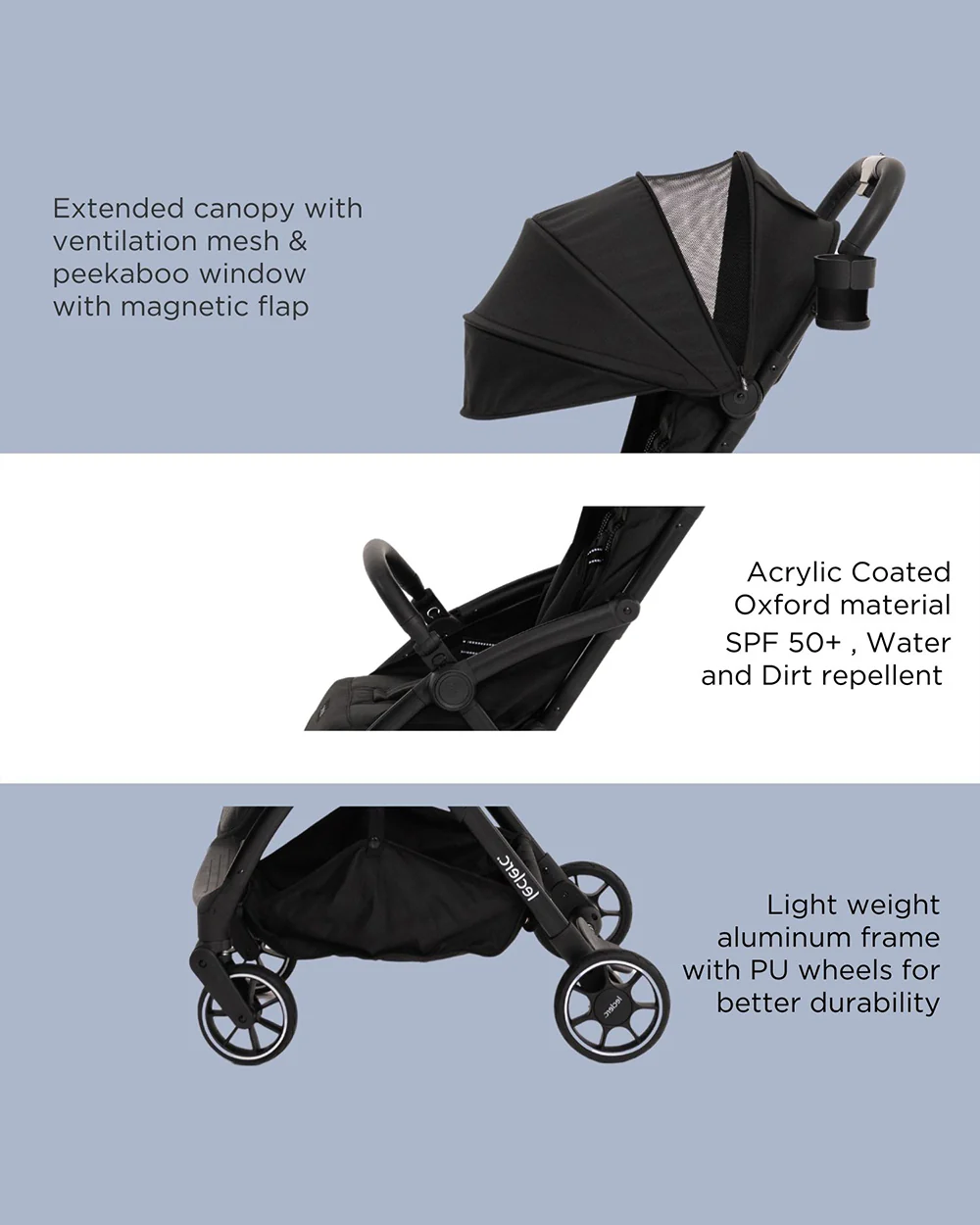 Leclerc Magic Fold Plus Cabin Friendly Stroller-Flat Reclining Seat-One Touch Fold-2 Year Warranty-for 6M to 5Y (Upto 22Kg)-Black - Image 7