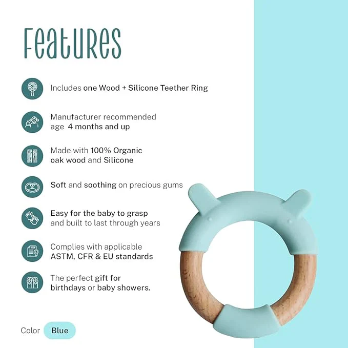 Little Rawr Blue Bear 100% Organic Oak Wood-Silicone Ring Teether-Soft on Gums-4M+ - Image 6
