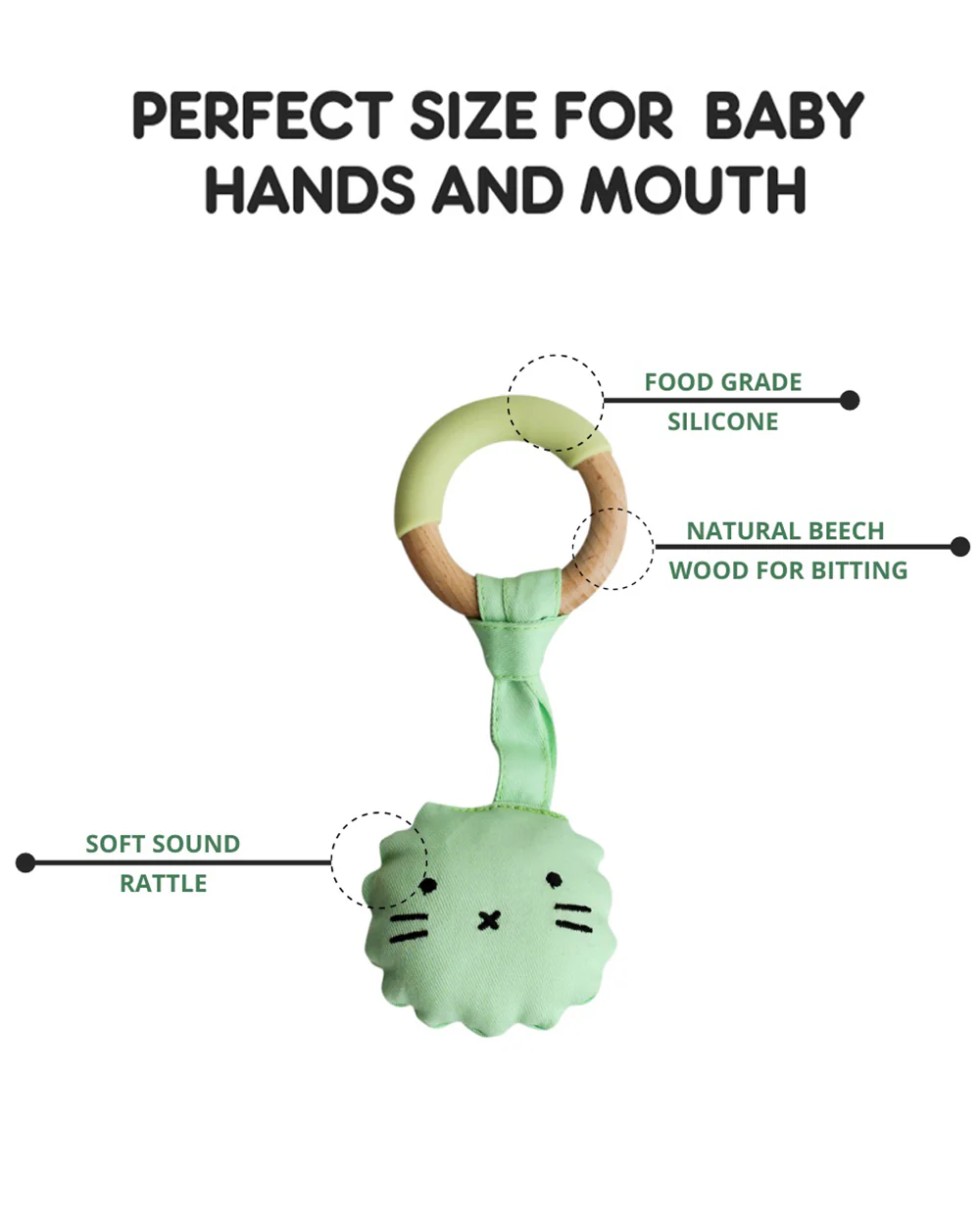 Little Rawr Green Lion-100% Organic Oak Wood-Silicone Plush Rattle Teether-Soft on Gums-4M+ - Image 3