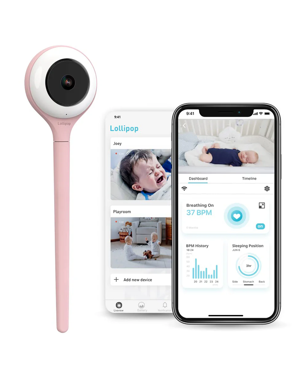 Lollipop Smart Baby Monitor with Flexible design-Contactless Breathing Monitoring, Sleep Tracking & Noise Detection-Cotton Candy - Image 2