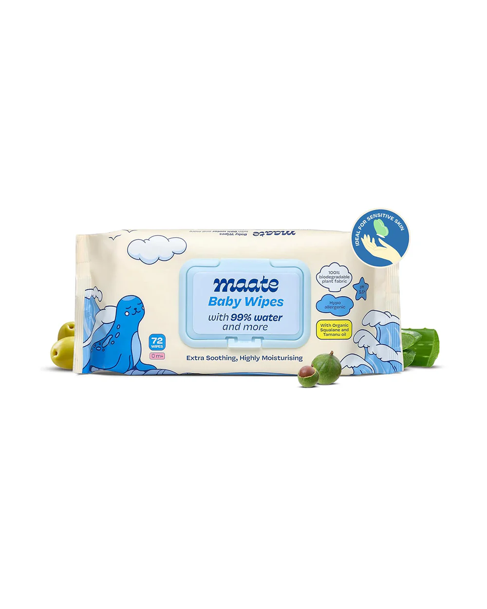 Maate Baby Wipes-Infused With Plant Squalane, Tamanu Oil & Aloe Vera-Soothing & Hypoallergenic