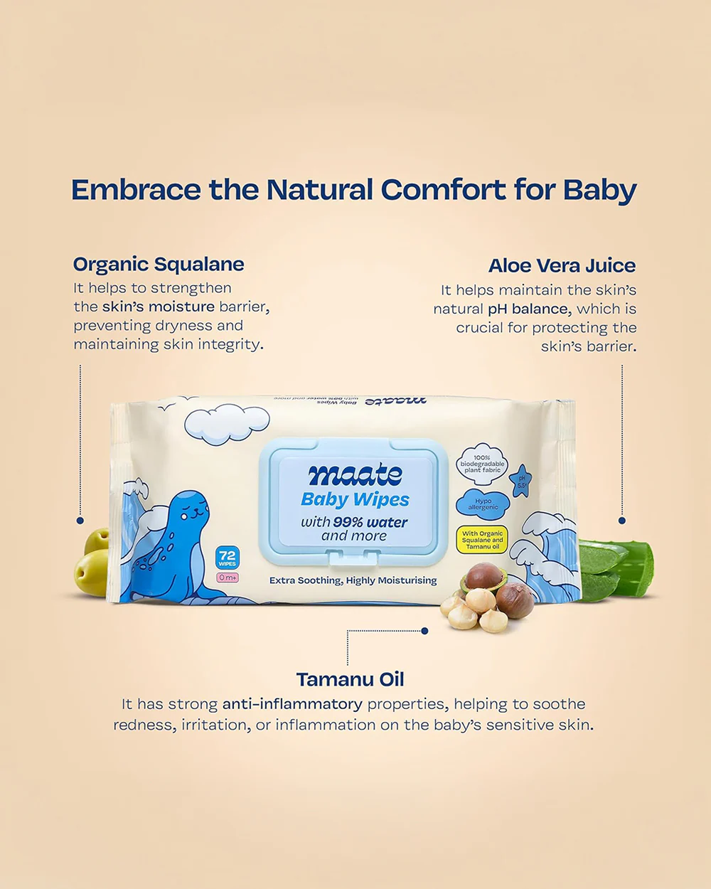 Maate Baby Wipes-Infused With Plant Squalane, Tamanu Oil & Aloe Vera-Soothing & Hypoallergenic - Image 13