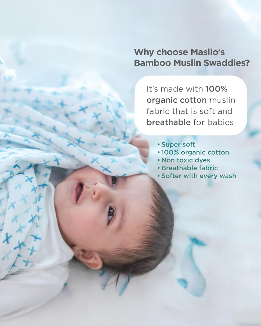 Masilo Bamboo Muslin Swaddles-Soft & Breathable-GOTS Certified Organic Cotton Muslin-Believe In The Narwhal-Pack of 2-Infant Wraps - Image 5