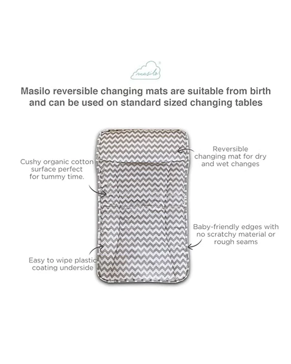 Masilo Diaper Changing Mat-Reversible-GOTS Certified Organic Cotton-Chevron Grey - Image 2