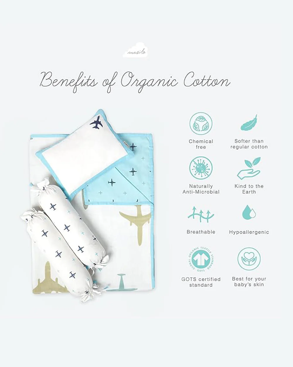 Masilo Dream Wings Blue Baby Bedding Set-GOTS Certified Organic Cotton-Pack of 4-Mini Cot Gift Set For Infants - Image 3