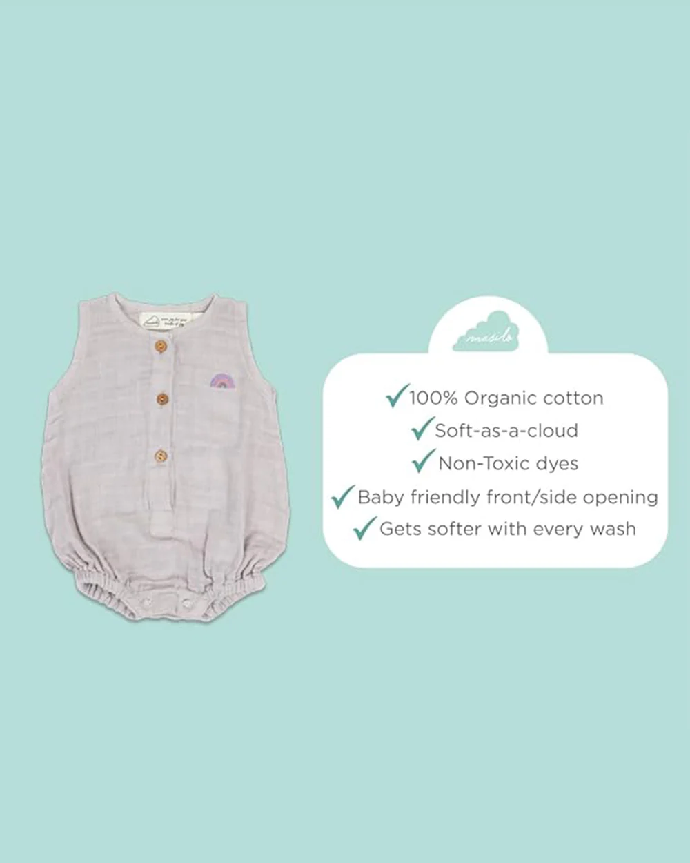 Masilo Grey Romper-Solid-Organic-Cotton-Muslin-For Infants - Image 5