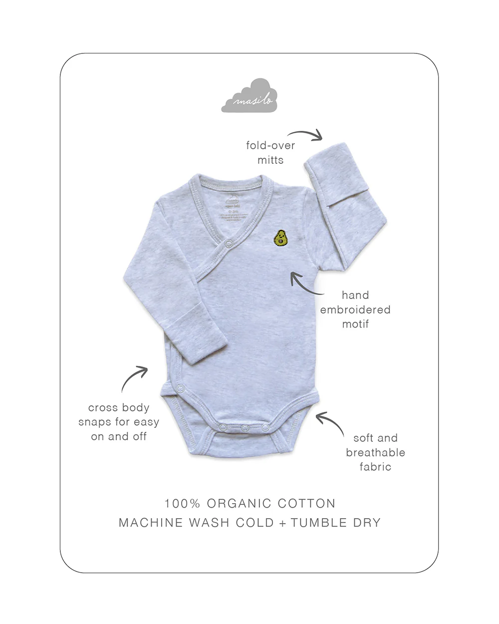 Masilo Grey Kimono Bodysuit-Solid-Cotton-For Infants - Image 3