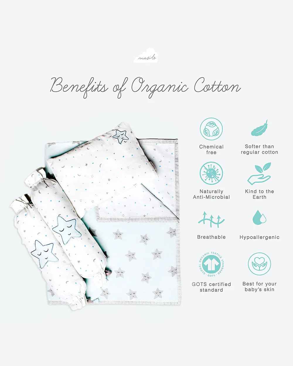 Masilo Sleepy Star Blue Baby Bedding Set-GOTS Certified Organic Cotton-Pack of 4-Mini Cot Gift Set for Infants - Image 3