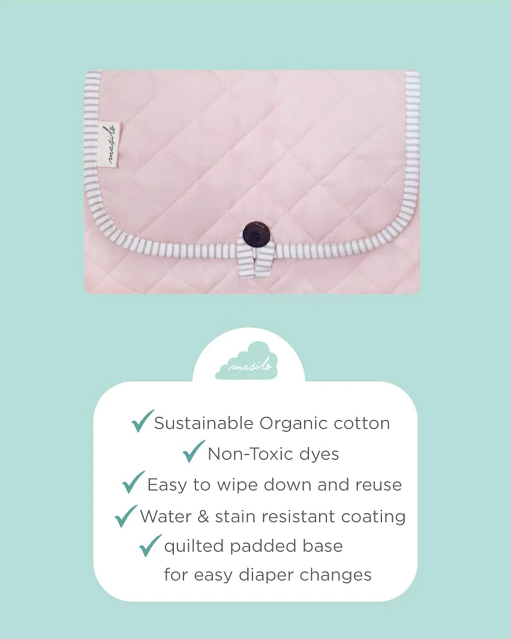 Masilo Travel Diaper Changing Mat-GOTS Certified Organic Cotton-With Pocket-Pink - Image 5