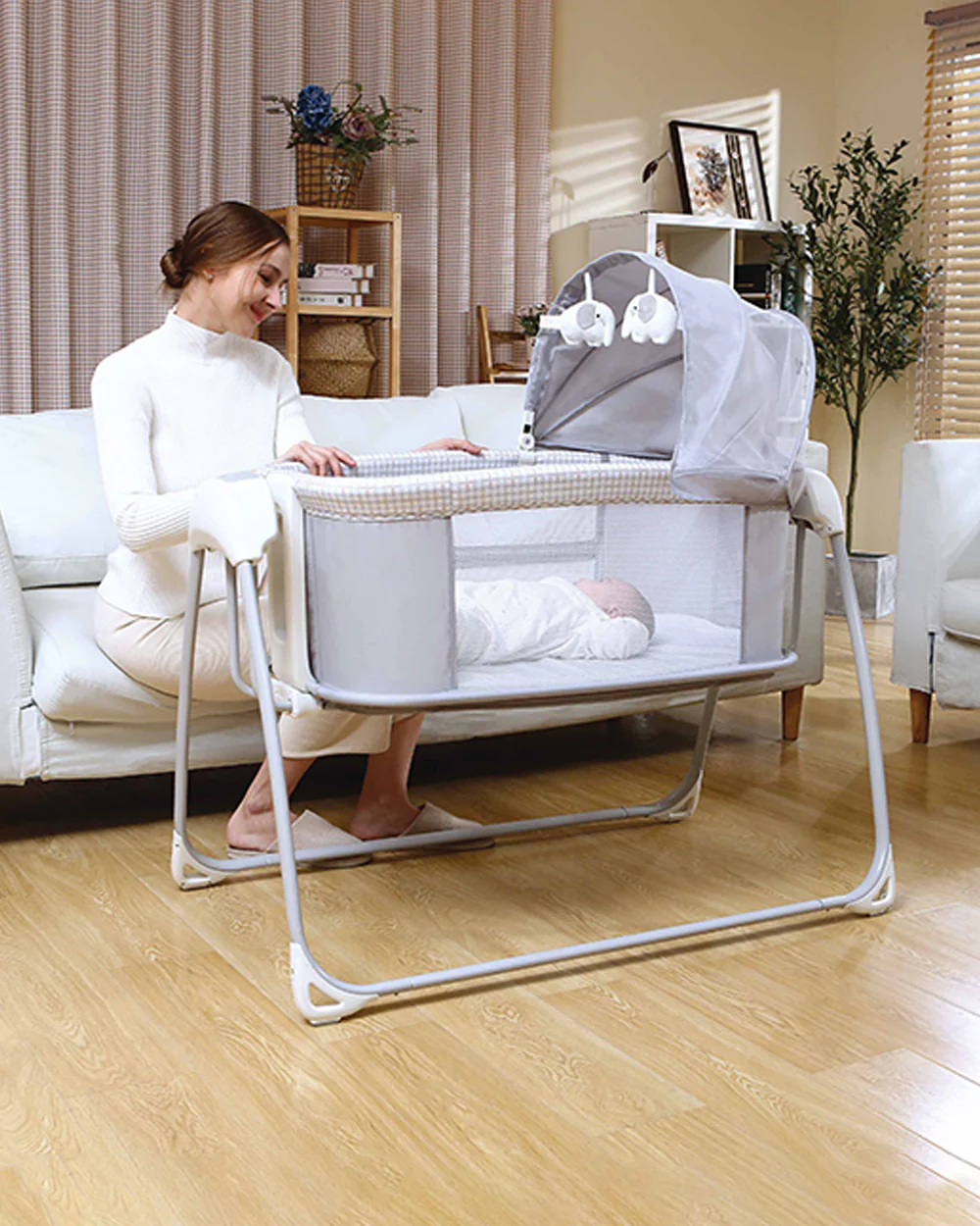 Mastela Deluxe 4 in 1 Bassinet-Cozy Bassinet, Swing & Bedside Sleeper Modes-5 Swing Speeds-15 Melodies-For 0 to 6M (Upto 9 kg)-White - Image 11