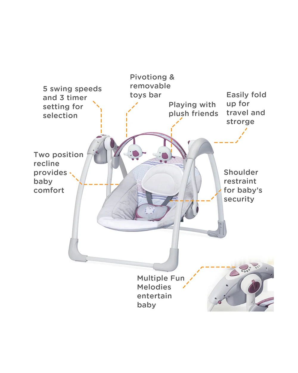 Mastela Deluxe Portable Swing-Compact Fold-2 Position Recline-With 5 Swing Speeds-Upto 9 Kg-For Infants-Grey - Image 6