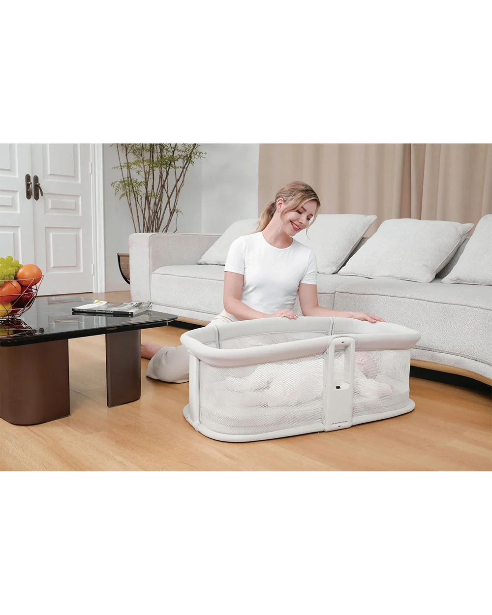 Mastela Dream Starlight Bedside Bassinet & Rocker-With Sunshade & Mosquito Net-With Removable Cradle Basket-Touch Control Panel-4 Lockable Wheels-Light Grey-Birth+ - Image 9