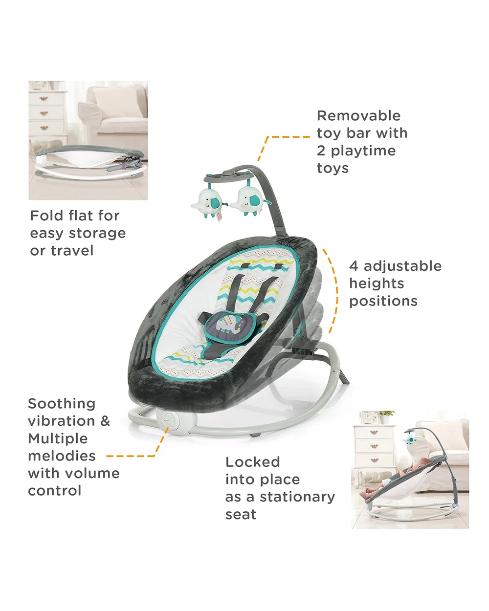 Mastela Fold Up Rocker-2 Position Recline-With Removable Plaything Bar-Upto 9 Kg-For Infants-Teal - Image 5