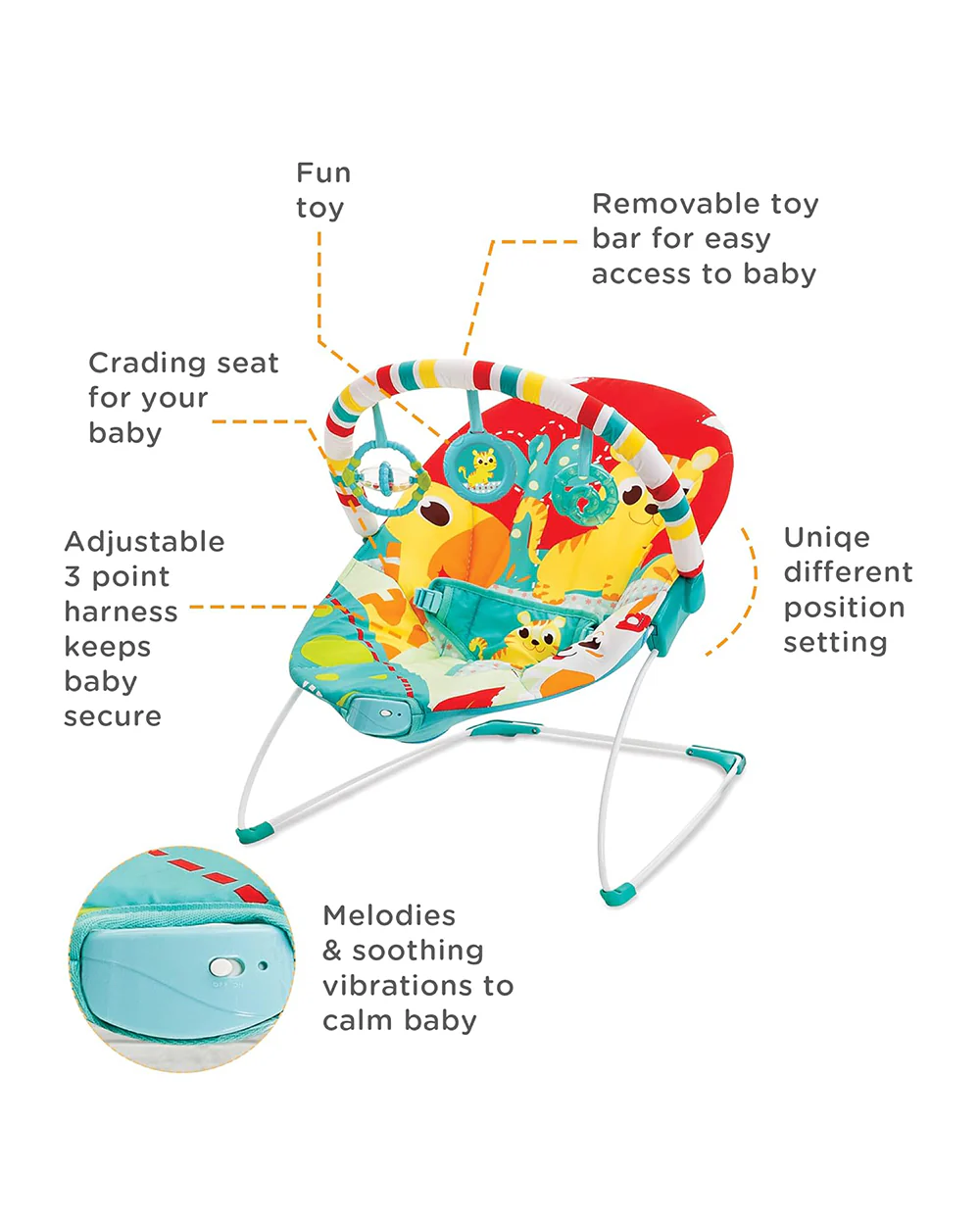Mastela Soothing Vibrations Bouncer-With Removable Plaything Bar-3 Point Harness-For Infants-Red - Image 8