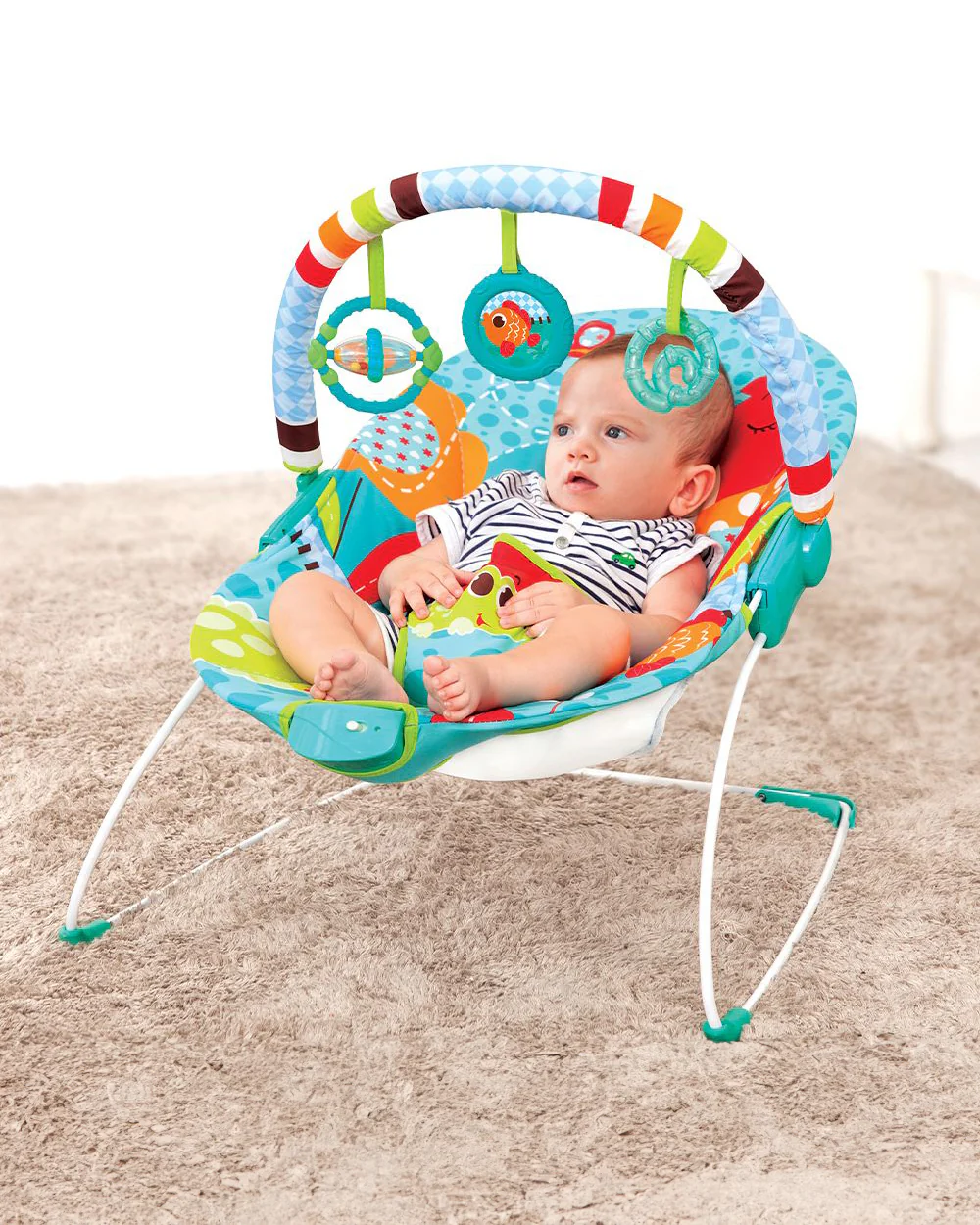 Mastela Soothing Vibrations Bouncer-With Removable Plaything Bar-3 Point Harness-For Infants-Teal - Image 3