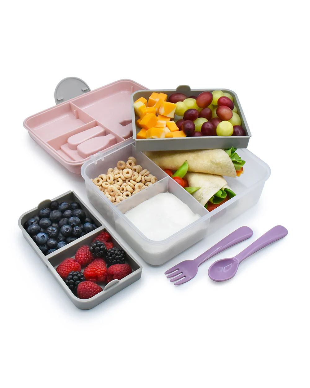 Melii 2 Tier Bento Lunch Box-With 6 Compartments & Removable Top Tier-Kid Friendly Lid-Includes Spoon & Fork-Pink Purple Grey-For Feeding Infants - Image 2