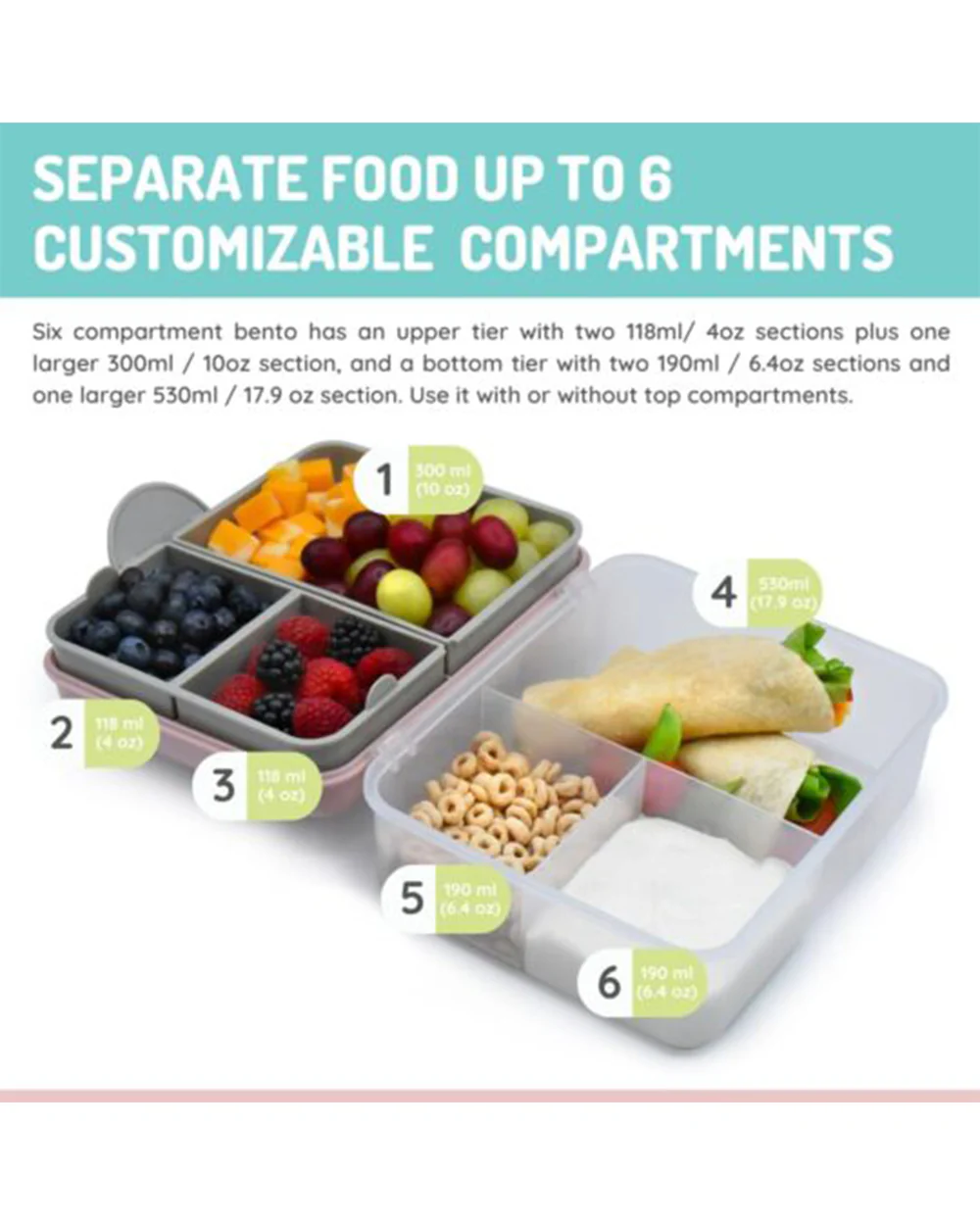 Melii 2 Tier Bento Lunch Box-With 6 Compartments & Removable Top Tier-Kid Friendly Lid-Includes Spoon & Fork-Pink Purple Grey-For Feeding Infants - Image 5