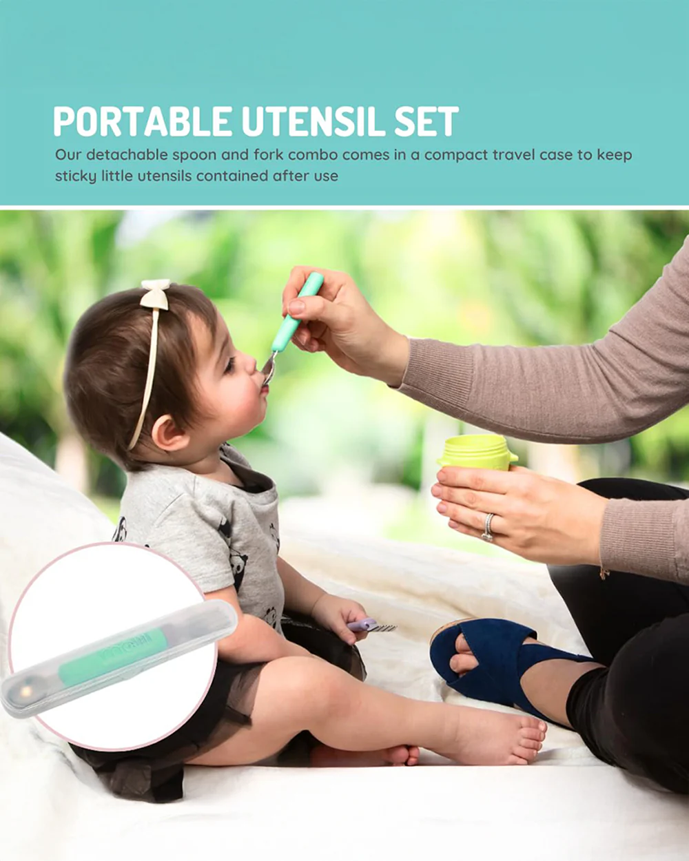 Melii Detachable Spoon & Fork Set With Storage Case-Stainless Steel-Mint & Grey-Travel Utensils for Toddlers - Image 5