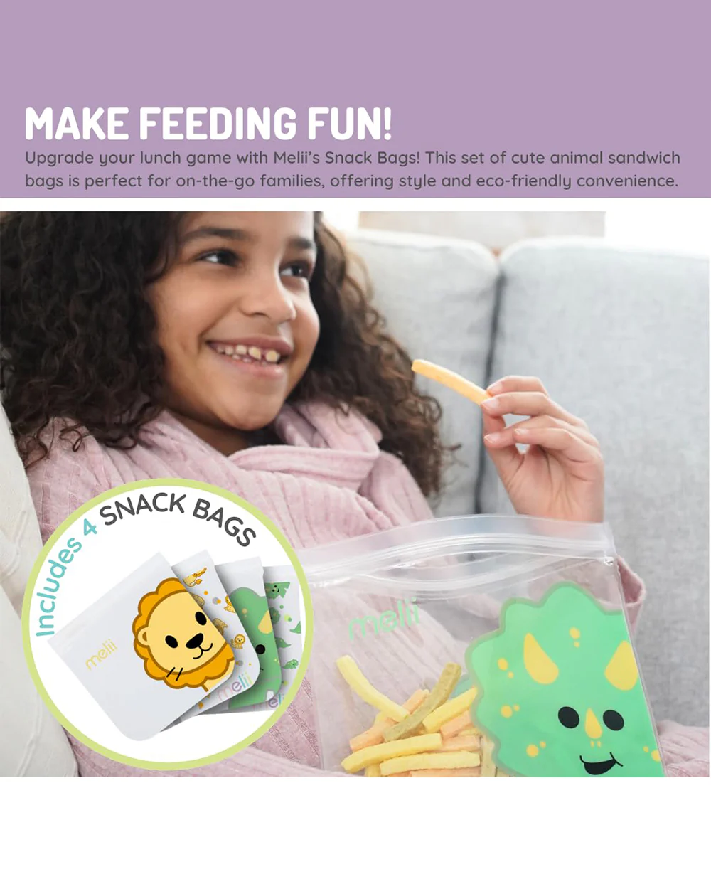 Melii EVA Reusable Snack Bags-With Leak Proof Double Zip Closure-Washable & Reusable-Pack of 4-For Feeding Infants - Image 3