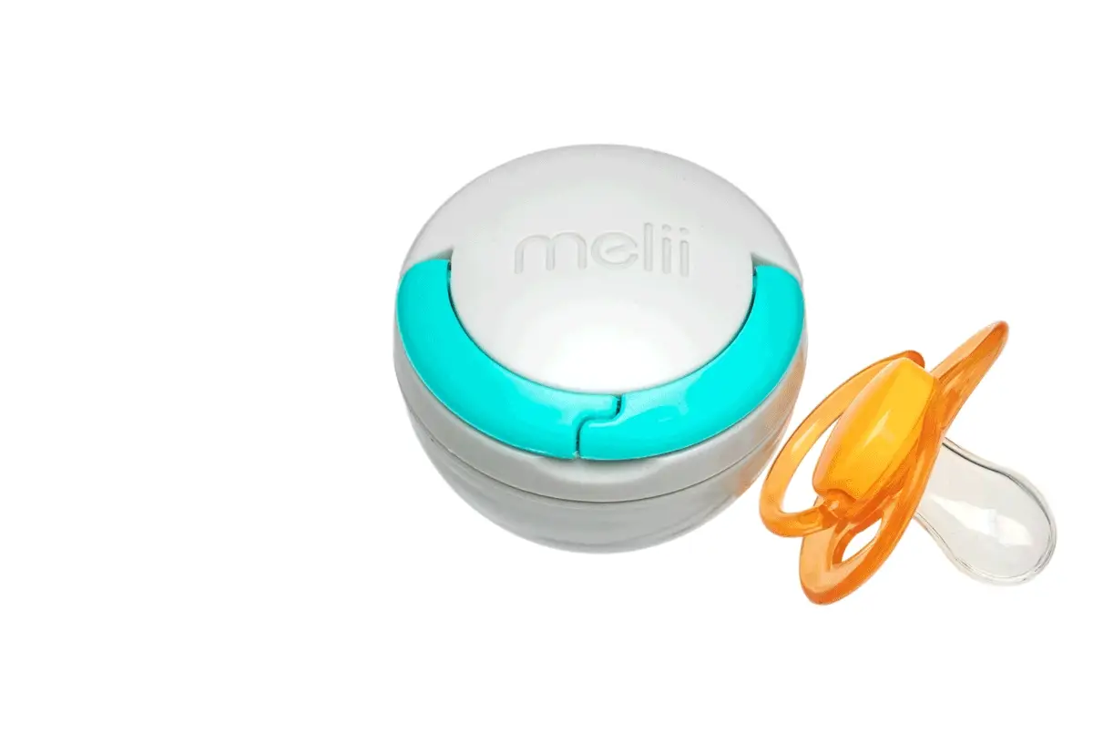 Melii Pacifier Holder Pod-Hooks onto Bags, Strollers and Purses-Dishwasher Safe-Holds 1 Pacifier-Grey & Blue - Image 2