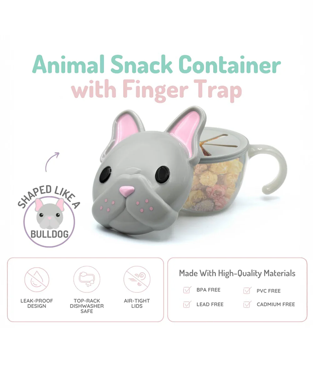 Melii Snack Container With Finger Trap-Airtight & Leakproof Lid-Dishwasher Safe-200 ml-Bulldog-For Feeding Infants - Image 2
