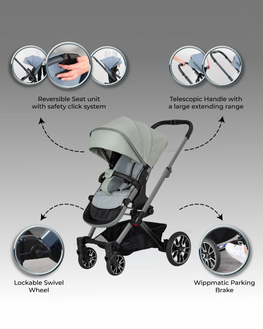 Mercedes-Benz Avantgarde GTX Baby Stroller-Height Adjustable Parent Handle Bar-Flat Reclining Seat & Reversible Seat-Includes Bag2Go Organiser & Rain Cover-2 Years Warranty-For 0 to 5Y-Sage Grey - Image 7