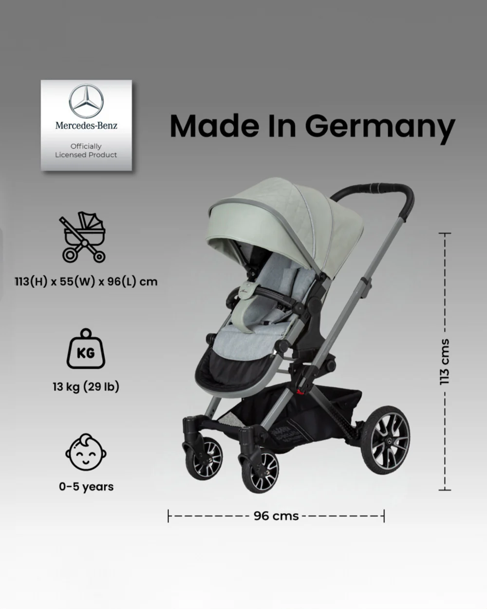 Mercedes-Benz Avantgarde GTX Baby Stroller-Height Adjustable Parent Handle Bar-Flat Reclining Seat & Reversible Seat-Includes Bag2Go Organiser & Rain Cover-2 Years Warranty-For 0 to 5Y-Sage Grey - Image 8
