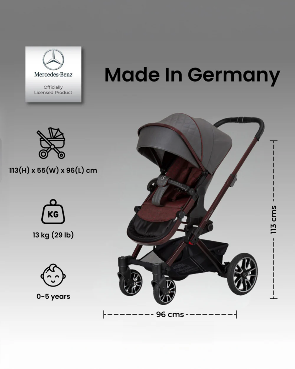 Mercedes-Benz Avantgarde GTX Baby Stroller-Height Adjustable Parent Handle Bar-Flat Reclining Seat & Reversible Seat-Includes Bag2Go Organiser & Rain Cover-2 Years Warranty-For 0 to 5Y-Tourmaline - Image 8