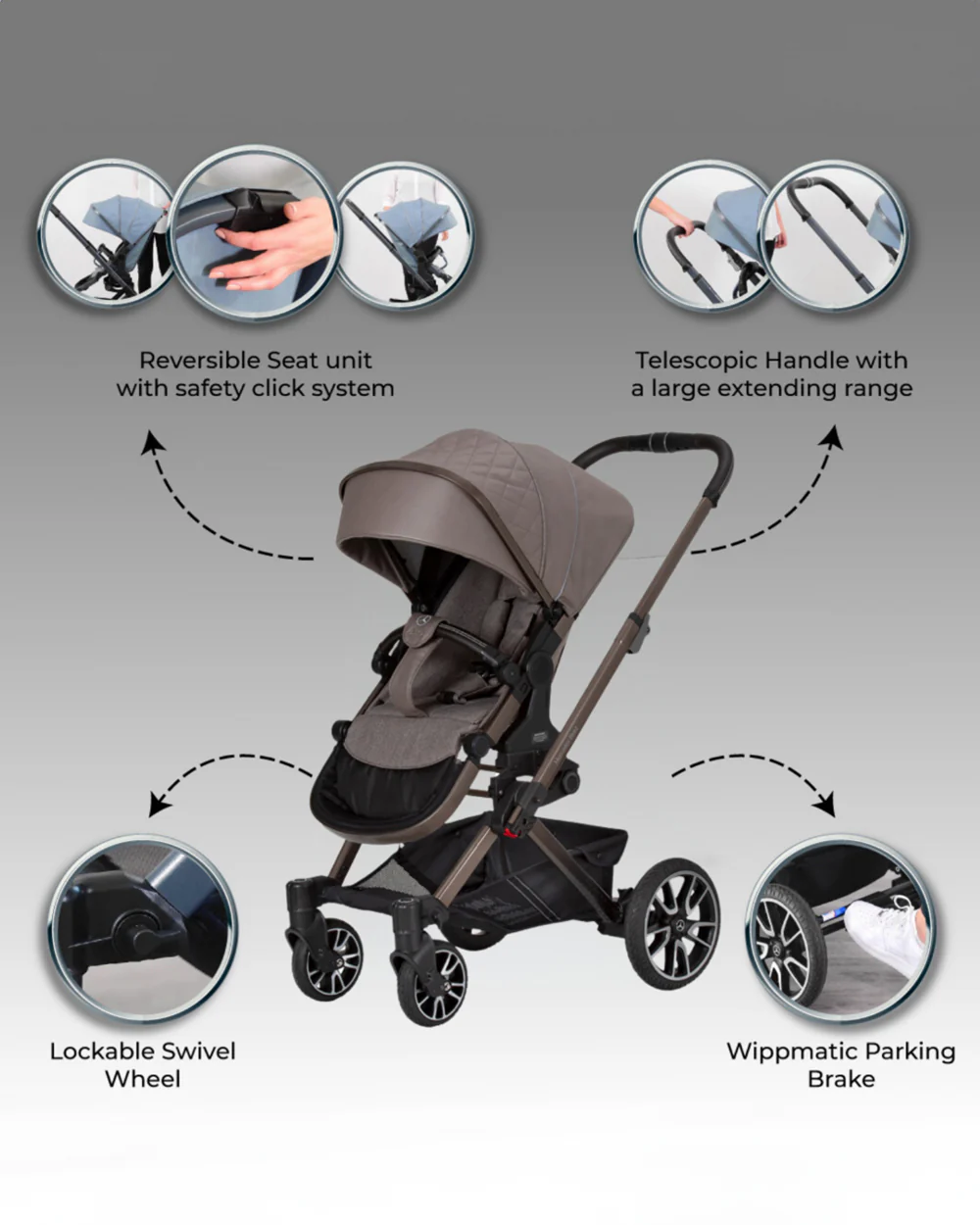Mercedes-Benz Avantgarde GTX Baby Stroller-Height Adjustable Parent Handle Bar-Flat Reclining Seat & Reversible Seat-Includes Bag2Go Organiser & Rain Cover-2 Years Warranty-For 0 to 5Y-Truffle - Image 8