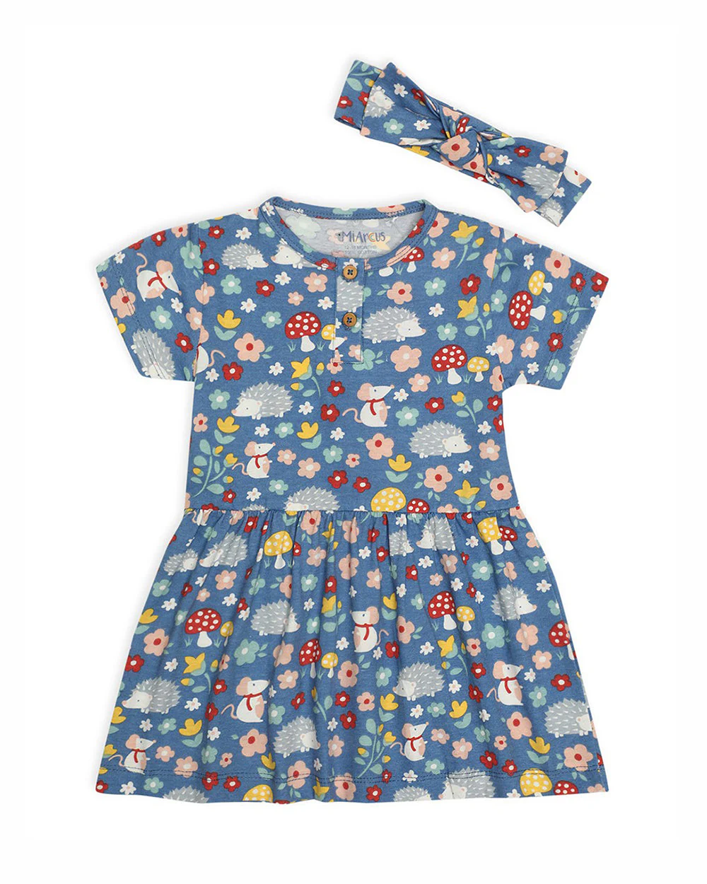 Mi Arcus Blue Frock Dress-Floral Printed-Cotton-For Infants