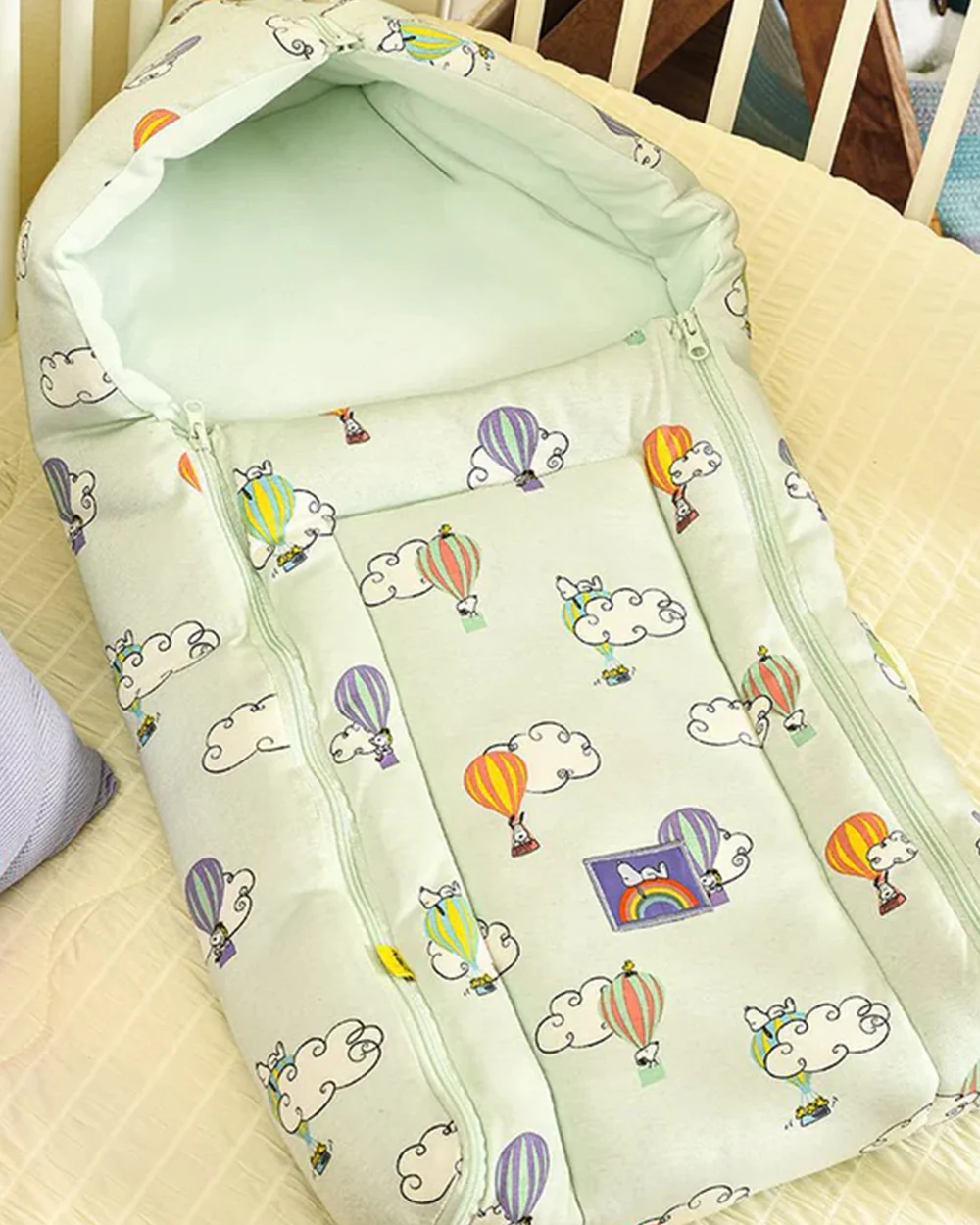Mi Arcus Peanuts Snoopy Printed Baby Carrier Nest-With Hood Zip-Lightweight and Portable Baby Nest-Aqua-For Infants - Image 2