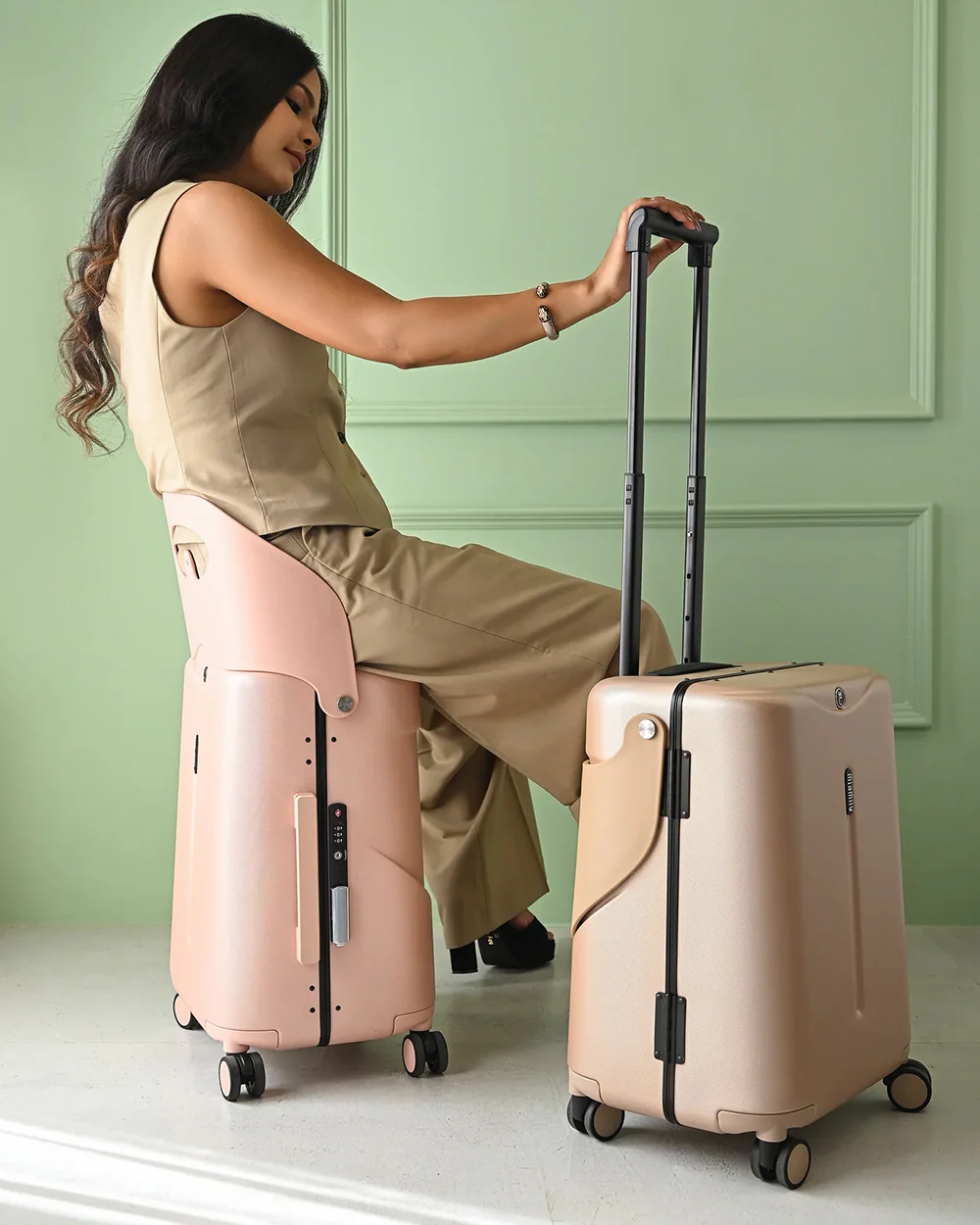 Miamily Dusky Pink Ride On Trolley Carry On Luggage-Swiss Design-with 3 Digit Lock and Built in Seat for Kids & Adults - Image 5