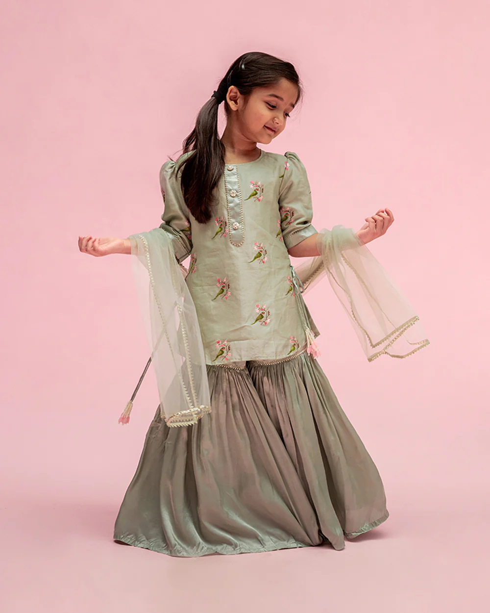 Mimosa Pastel Green Sharara Set-Embroidered-Chanderi-For Infants - Image 4