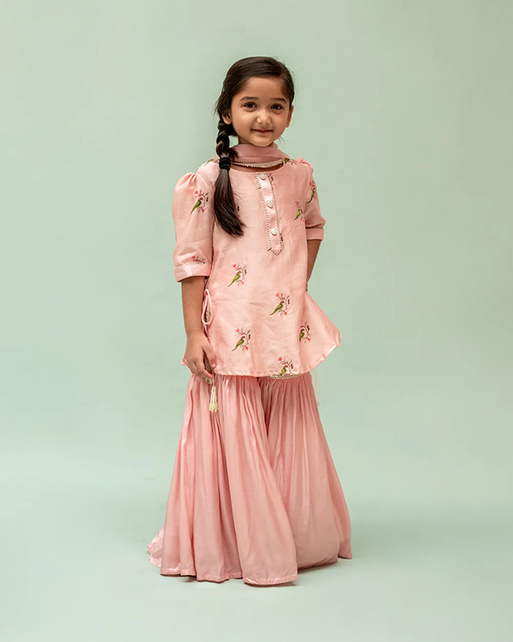 Mimosa Peach Sharara Set-Embroidered-Chanderi-For Infants - Image 4