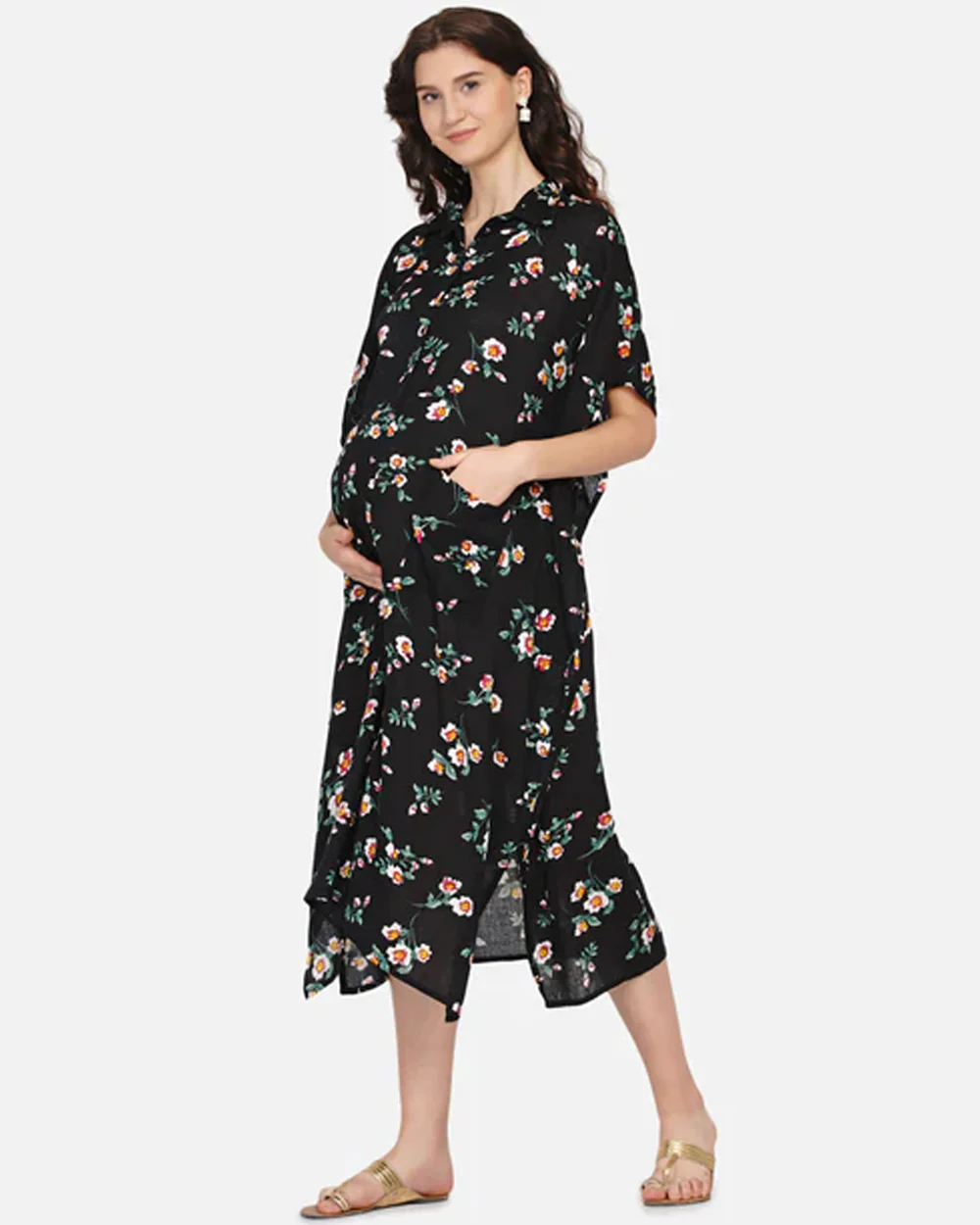 Mine4Nine Black Maternity Nursing Kaftan Dress-Floral Print-Viscose Rayon-Collar Neck-Bump Friendly - Image 3