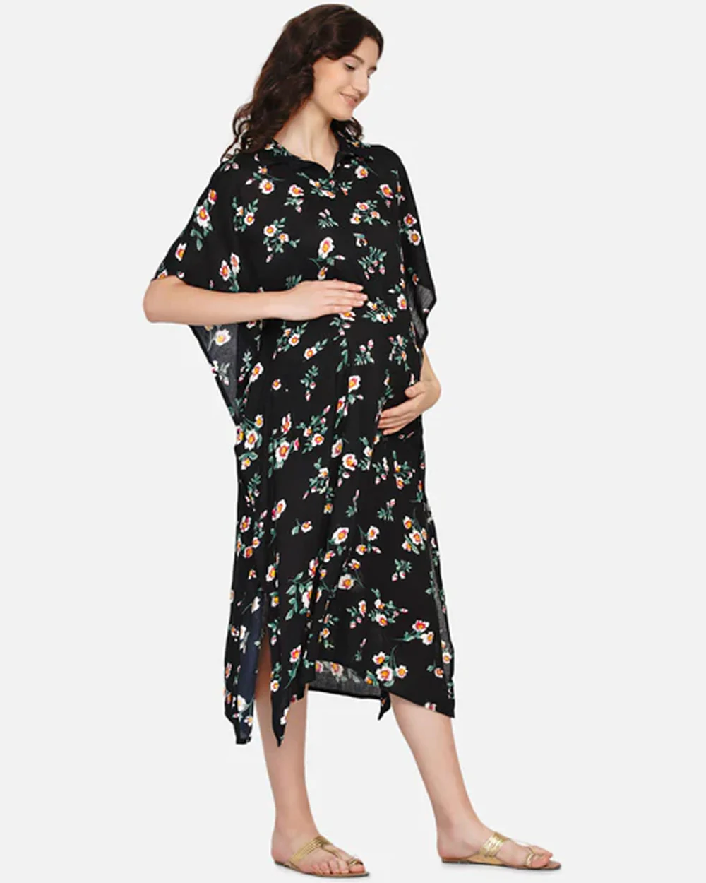 Mine4Nine Black Maternity Nursing Kaftan Dress-Floral Print-Viscose Rayon-Collar Neck-Bump Friendly - Image 4