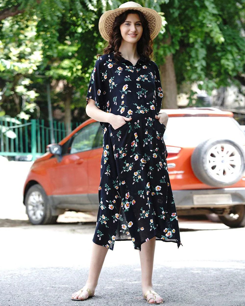 Mine4Nine Black Maternity Nursing Kaftan Dress-Floral Print-Viscose Rayon-Collar Neck-Bump Friendly - Image 5