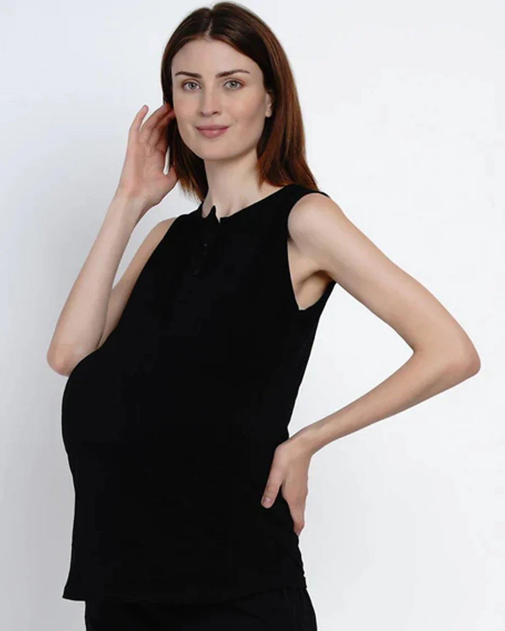 Mine4Nine Black Maternity Nursing T-shirt-Solid Color-Cotton-Round Neck-Sleeveless-Bump Friendly - Image 2