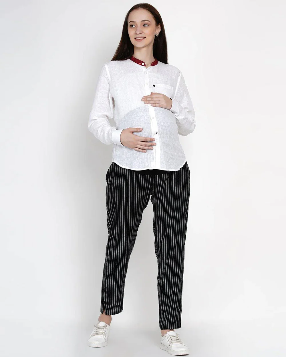 Mine4Nine Black Maternity Trouser-Striped Print-Rayon-Bump Friendly - Image 4