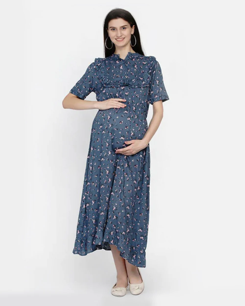 Mine4Nine Blue Maternity Nursing Dress-Floral Print-Chiffon-Collar Neck-Bump Friendly - Image 2