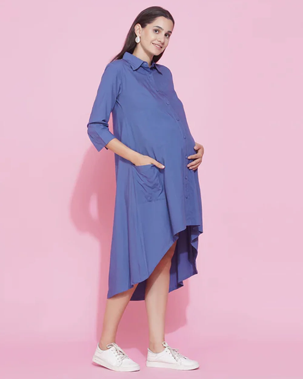 Mine4Nine Blue Maternity Nursing Dress-Solid Color-Rayon-Collar Neck-Bump Friendly - Image 4