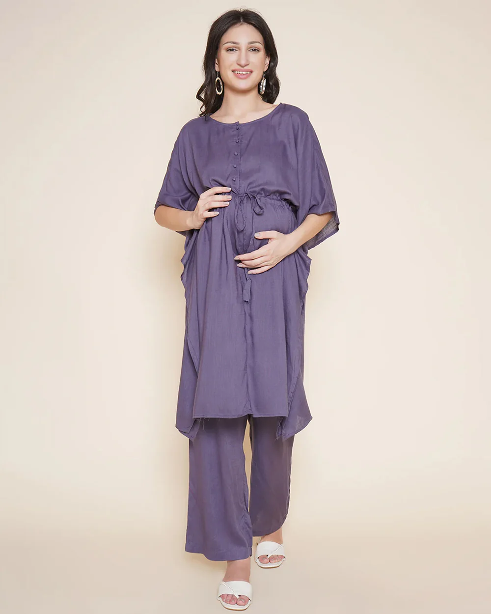 Mine4Nine Lilac Maternity Nursing Kaftan Set-Solid Color-Rayon-Round Neck-Bump Friendly