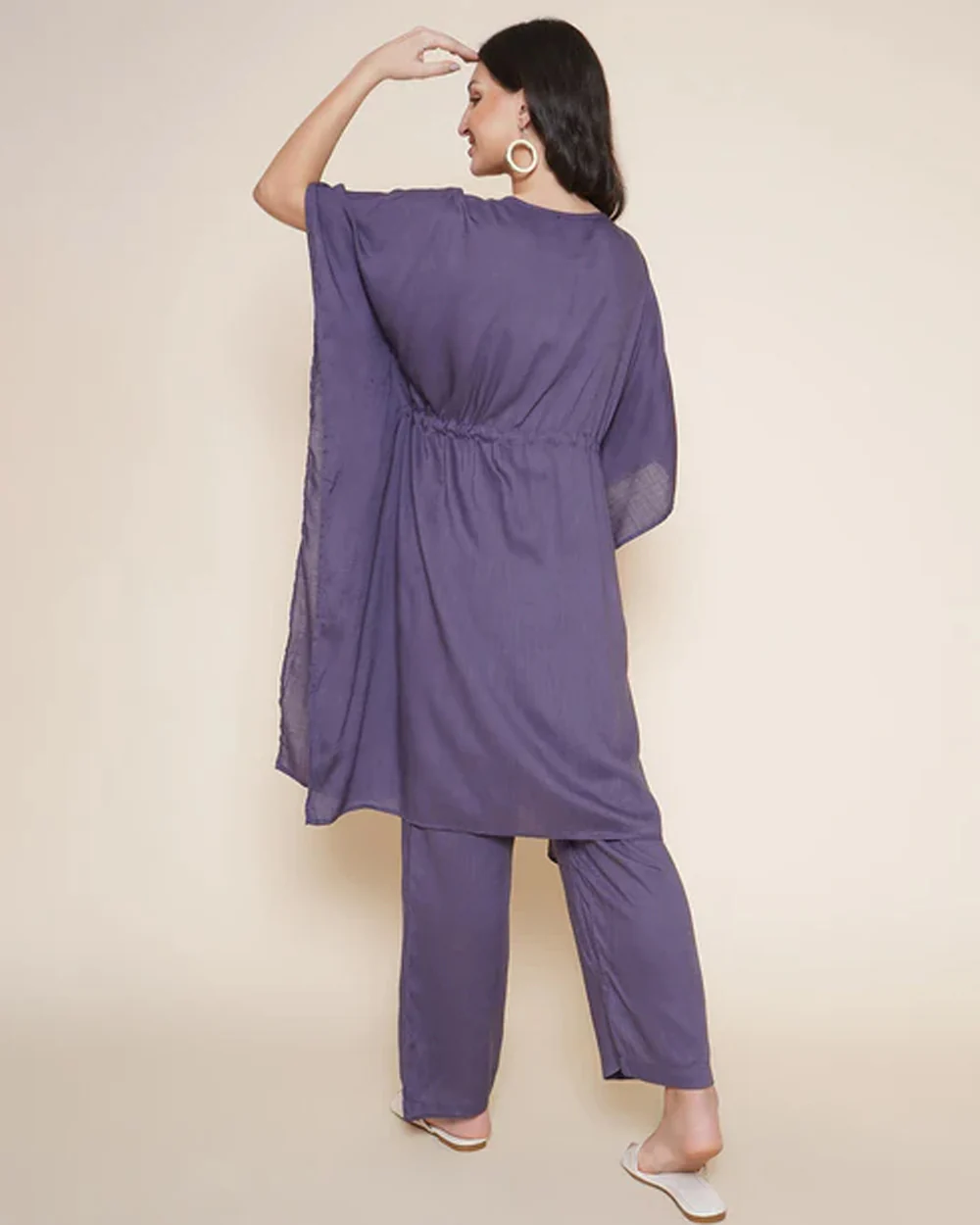 Mine4Nine Lilac Maternity Nursing Kaftan Set-Solid Color-Rayon-Round Neck-Bump Friendly - Image 4