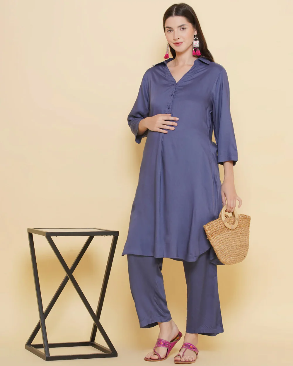 Mine4Nine Lilac Maternity Nursing Kurta Set-Solid Color-Rayon-Collar Neck-Bump Friendly - Image 6