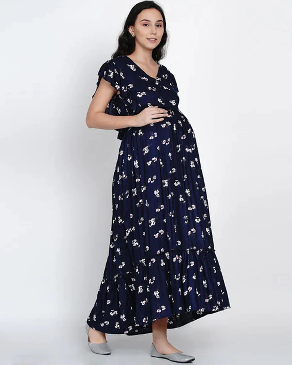Mine4Nine Navy Blue Maternity Nursing Dress-Floral Print-Rayon-V Neck-Bump Friendly - Image 3